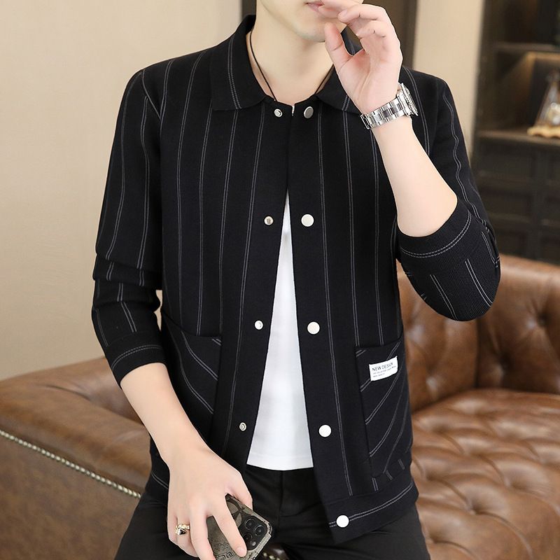 Men's Casual Striped Knitted Lapel Jacket - Gray | SAVINTARI