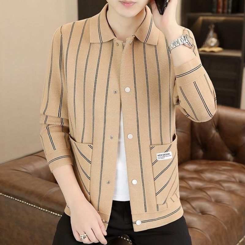 Men's Casual Striped Knitted Lapel Jacket - Gray | SAVINTARI