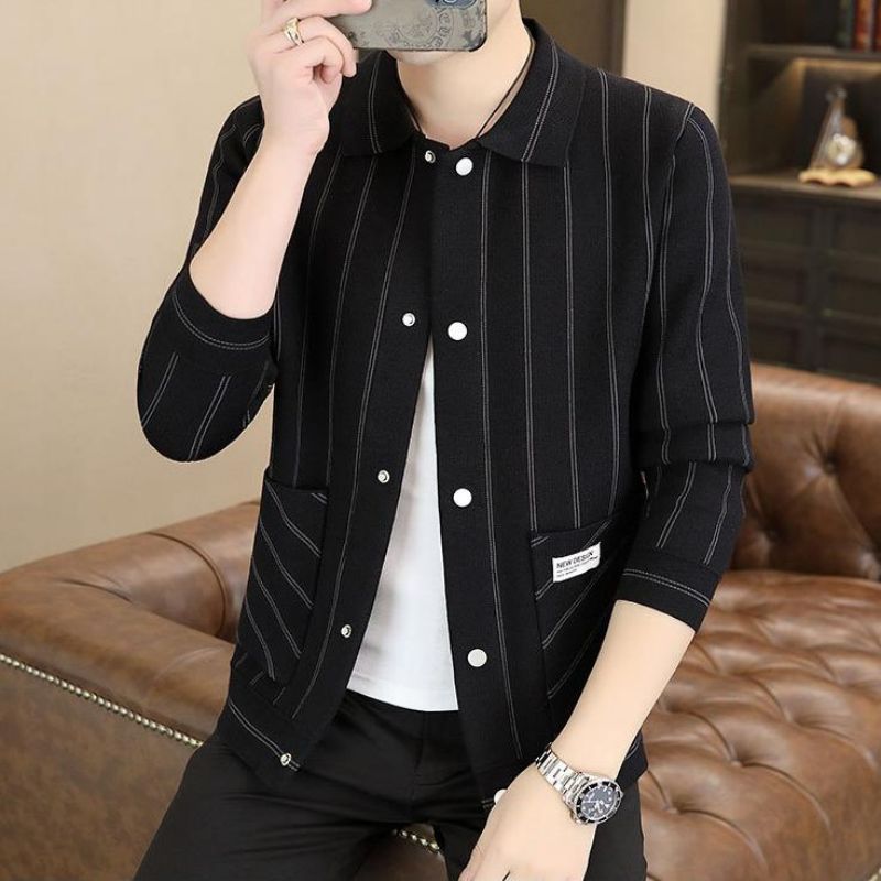 Men's Casual Striped Knitted Lapel Jacket - Gray | SAVINTARI