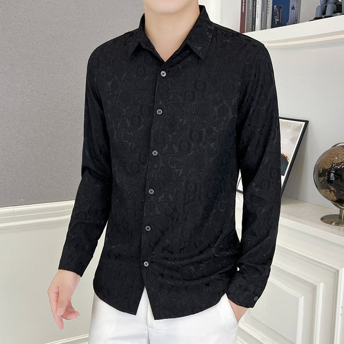 Men's Casual Printed Stretch Long Sleeve Shirt - Beige | Seasonal Shirt | SAVINTARI
