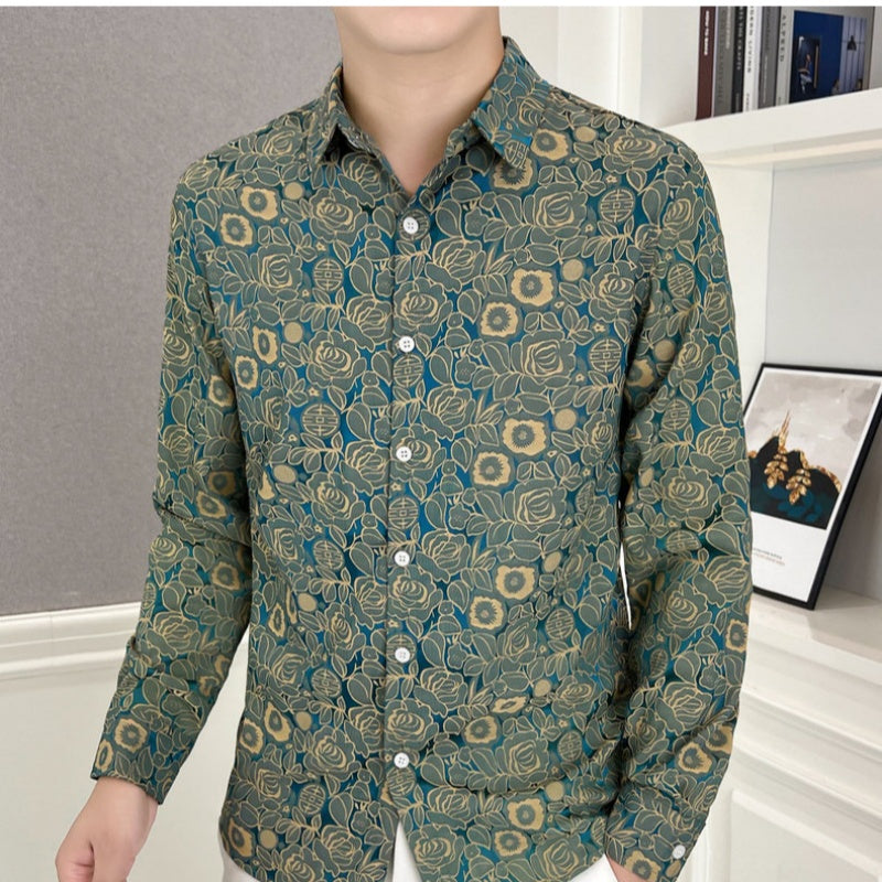 Men's Casual Printed Stretch Long Sleeve Shirt - Beige | SAVINTARI