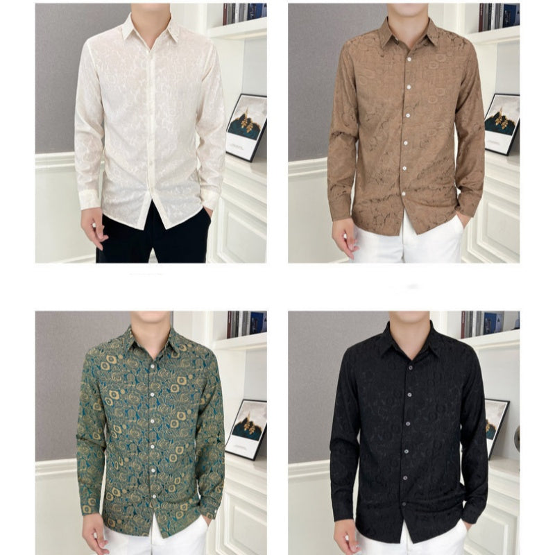 Men's Casual Printed Stretch Long Sleeve Shirt - Beige | SAVINTARI