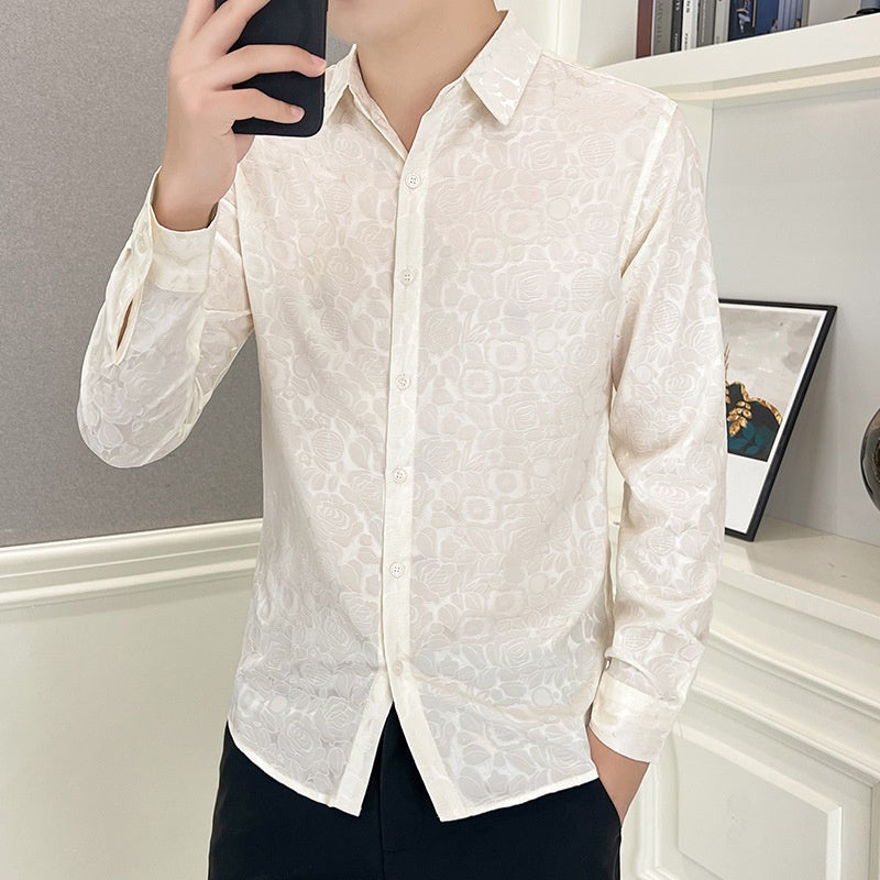 Men's Casual Printed Stretch Long Sleeve Shirt - Beige | SAVINTARI