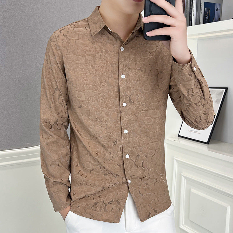 Men's Casual Printed Stretch Long Sleeve Shirt - Beige | SAVINTARI