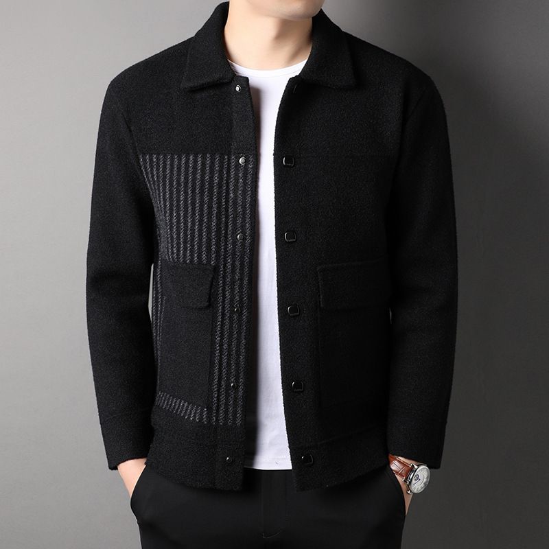 Men's Casual Button Tweed Jacket with Lapel Collar - Black Caramel | SAVINTARI