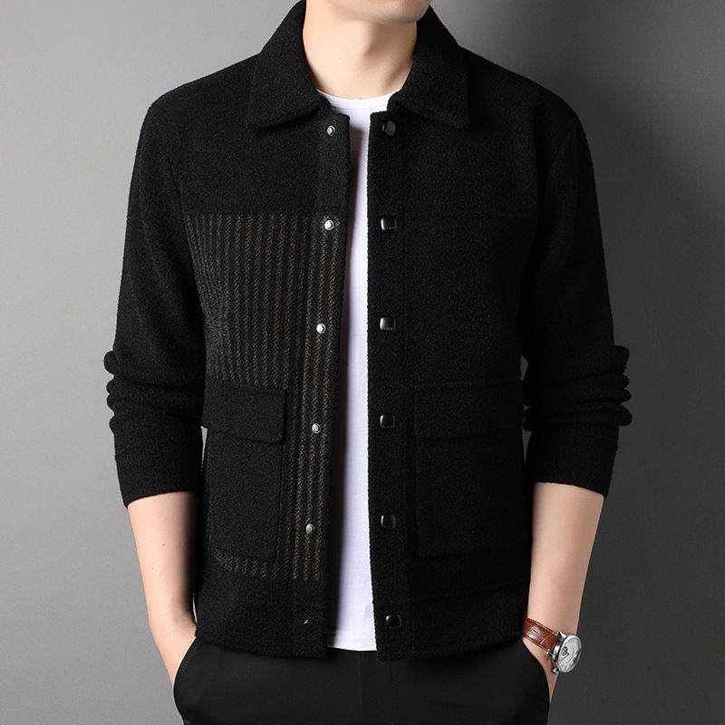 Men's Casual Button Tweed Jacket with Lapel Collar - Black Caramel | SAVINTARI