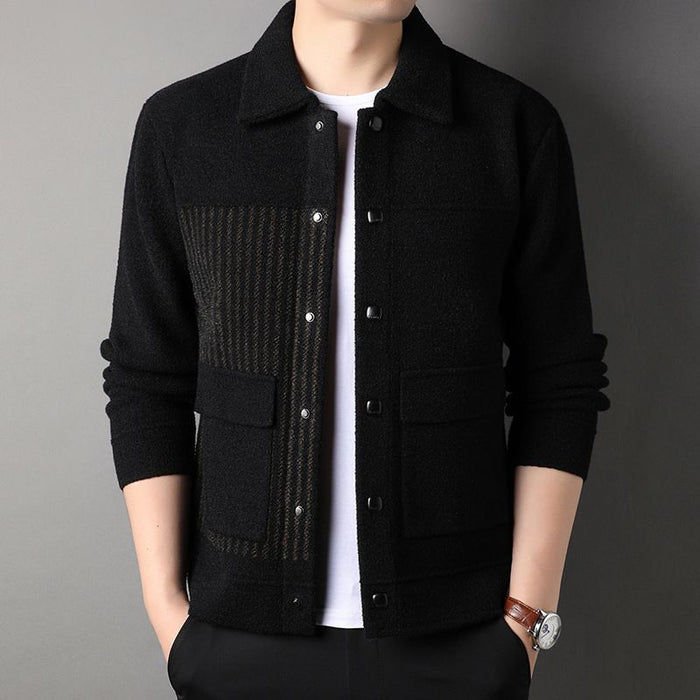 Men's Casual Button Tweed Jacket with Lapel Collar - Black Caramel | Light Jacket Layer | SAVINTARI