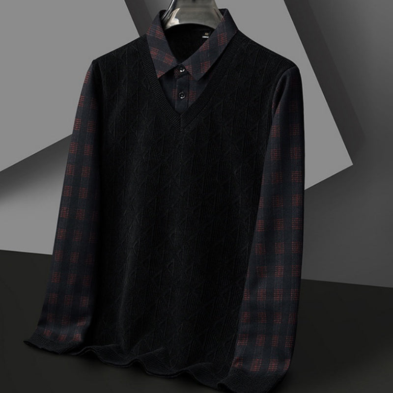Men's New Arrival Fake Two Piece Lapel Knitted Sweater - Black-Grey | SAVINTARI