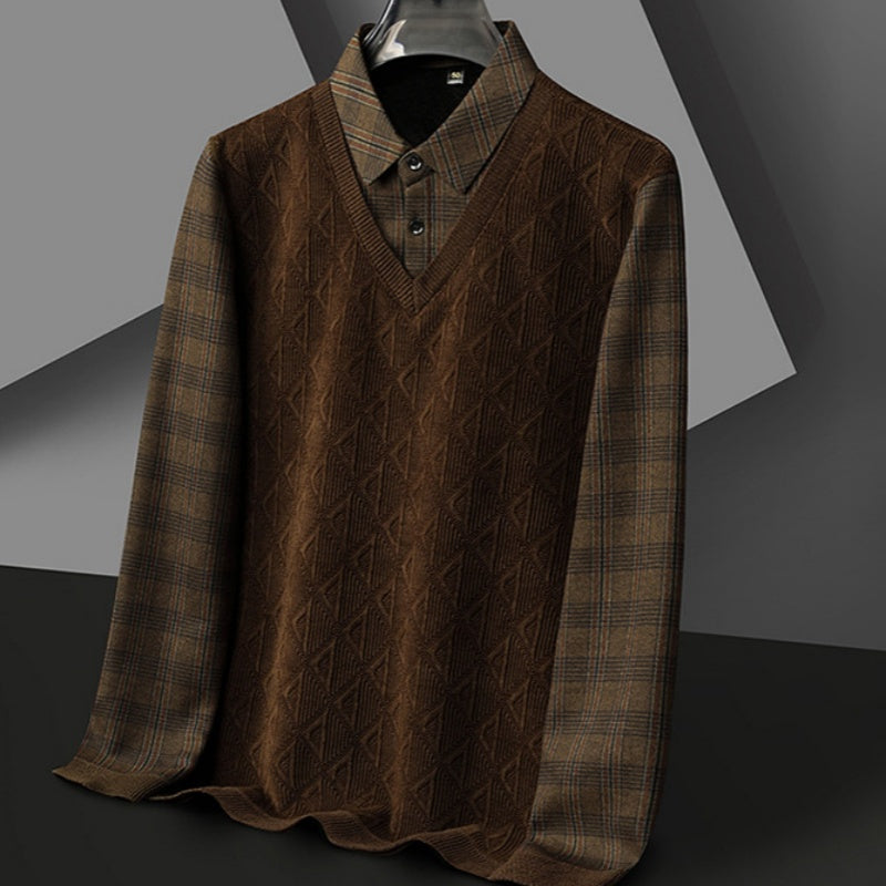Men's New Arrival Fake Two Piece Lapel Knitted Sweater - Black-Grey | SAVINTARI