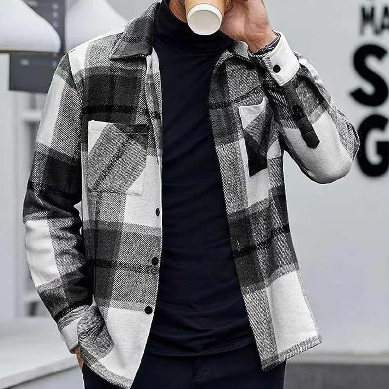 Men's Casual Thickened Warm Plaid Jacket（50 - Khaki | SAVINTARI