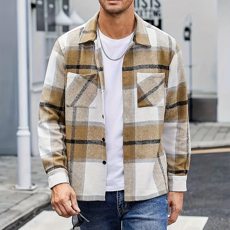 Men's Casual Thickened Warm Plaid Jacket（50 - Khaki | SAVINTARI