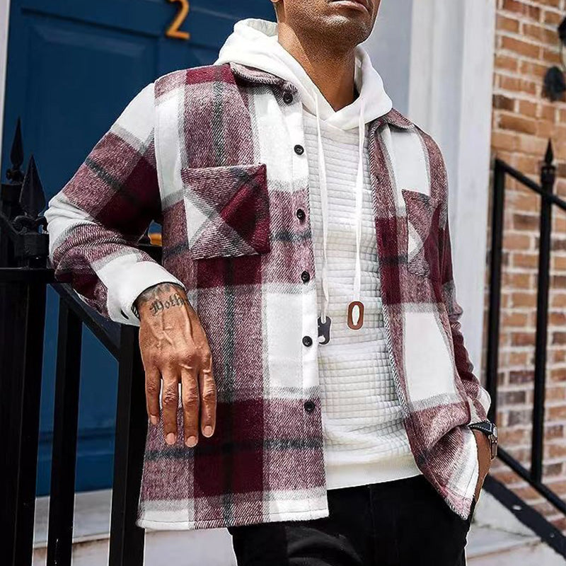 Men's Casual Thickened Warm Plaid Jacket（50 - Khaki | SAVINTARI