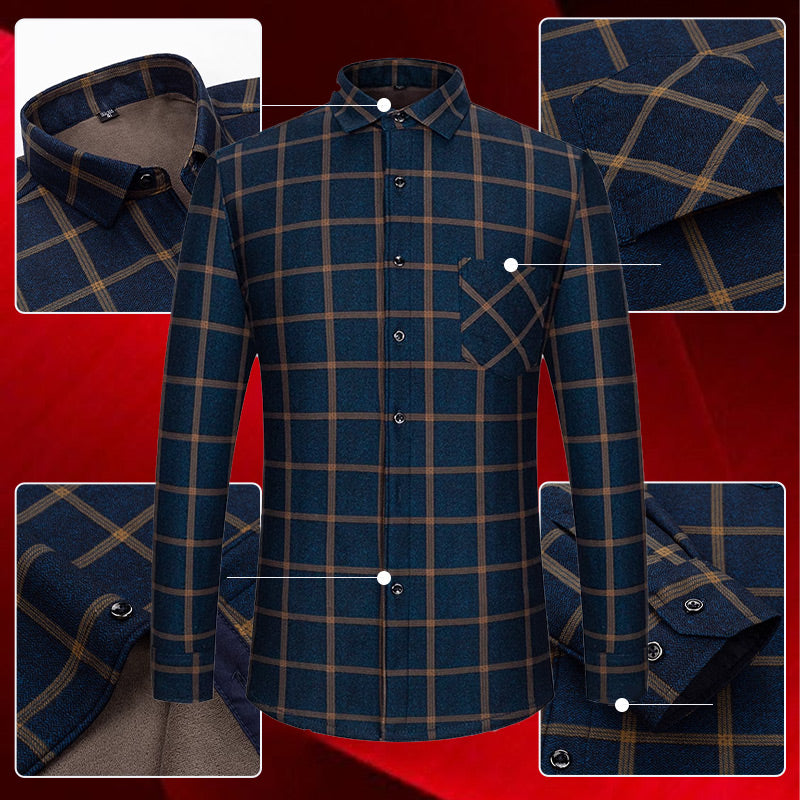 Men's Lined Button-Down Plaid Shirt（50 - Blue and Brown | SAVINTARI