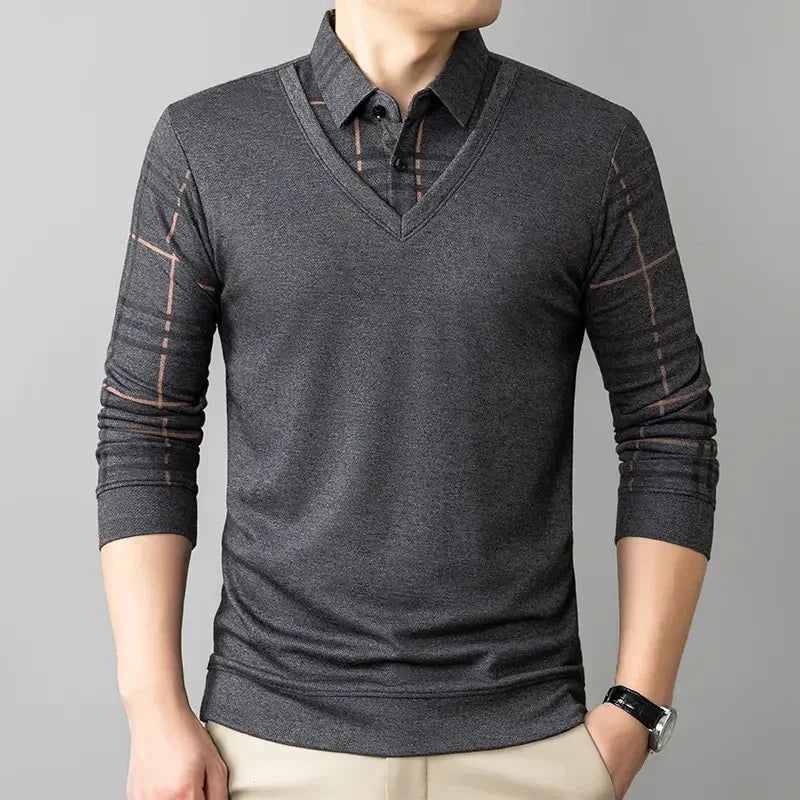 Men's Lapel Faux Two-Piece Warm Top（50 - Black | SAVINTARI