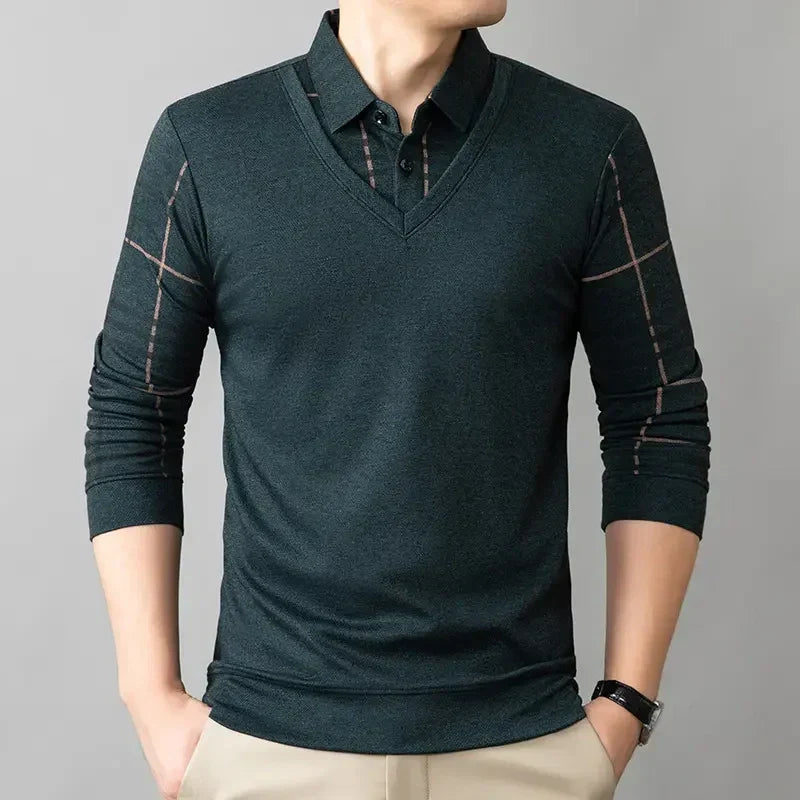 Men's Lapel Faux Two-Piece Warm Top（50 - Black | SAVINTARI