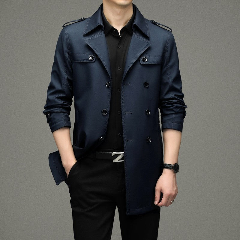 Men's Double Breasted Windbreaker Jacket（50 - Navy | SAVINTARI