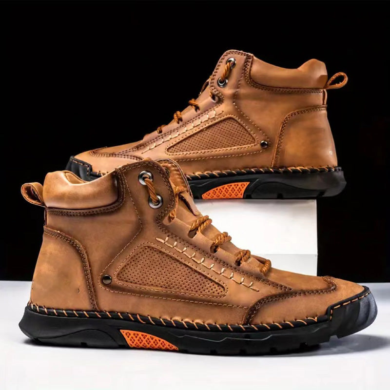 Men's Hot Sale Stylish Hand-Stitched Flat Sole Boots - Khaki | SAVINTARI