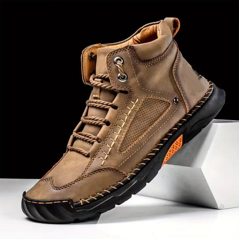Men's Hot Sale Stylish Hand-Stitched Flat Sole Boots - Khaki | SAVINTARI