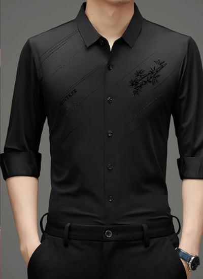 Men's Warm Anti-wrinkle Non-iron High Elasticity Padded Lined Shirt - Black | SAVINTARI