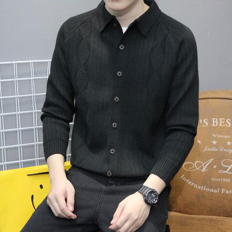 Men's Casual Lapel Knitted Cardigan（50 - Black | SAVINTARI
