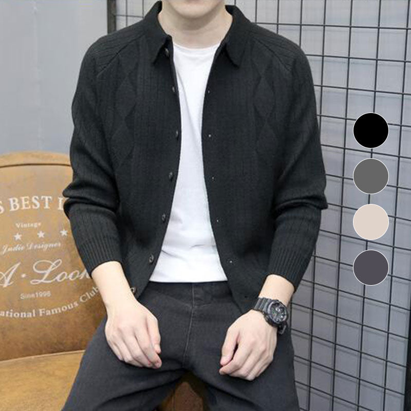 Men's Casual Lapel Knitted Cardigan（50 - Black | SAVINTARI