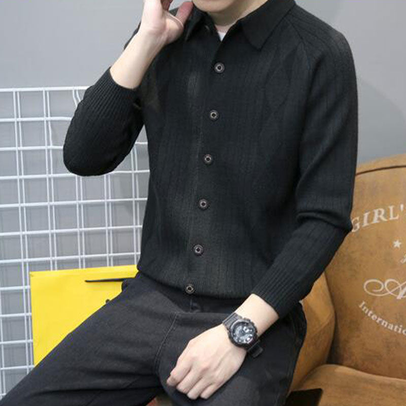 Men's Casual Lapel Knitted Cardigan（50 - Black | SAVINTARI