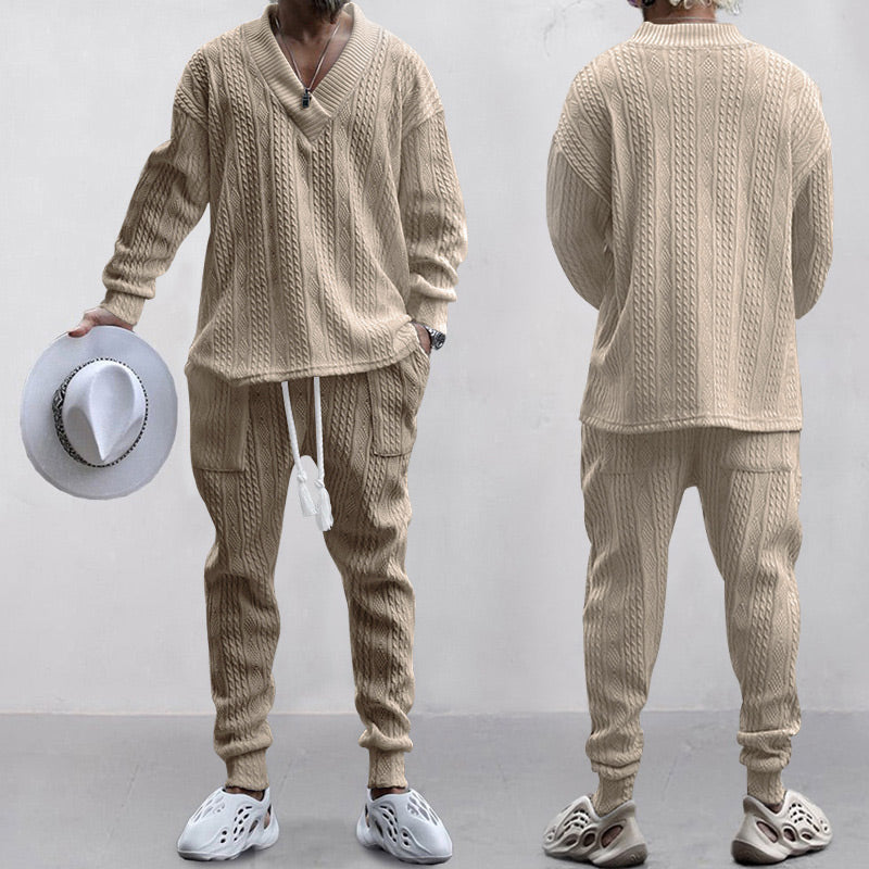 Men's 2-Piece V-Neck Baggy Sweatshirt & Joggers Set - White | SAVINTARI