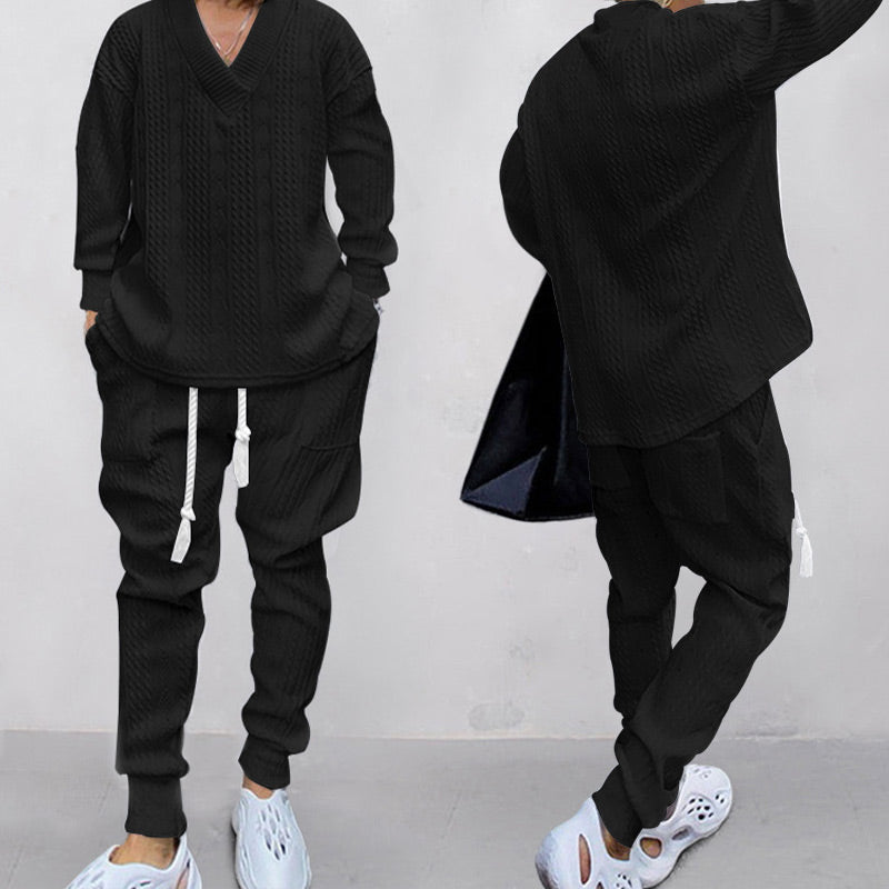 Men's 2-Piece V-Neck Baggy Sweatshirt & Joggers Set - White | SAVINTARI
