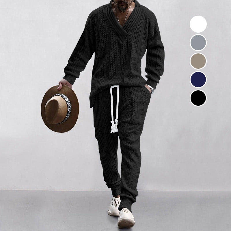Men's 2-Piece V-Neck Baggy Sweatshirt & Joggers Set - White | SAVINTARI