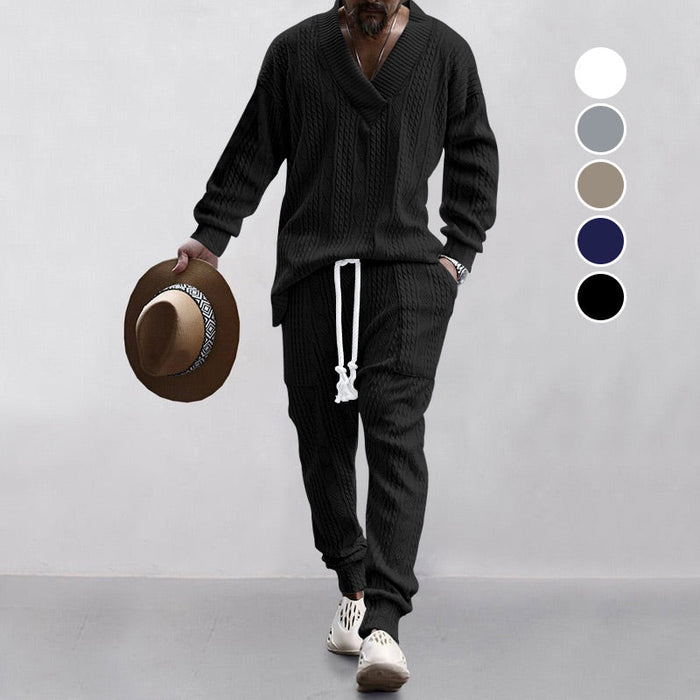 Men's 2-Piece V-Neck Baggy Sweatshirt & Joggers Set - White | Casual Two-Piece Set | SAVINTARI