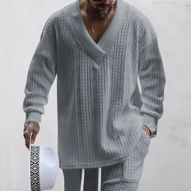 Men's 2-Piece V-Neck Baggy Sweatshirt & Joggers Set - White | SAVINTARI