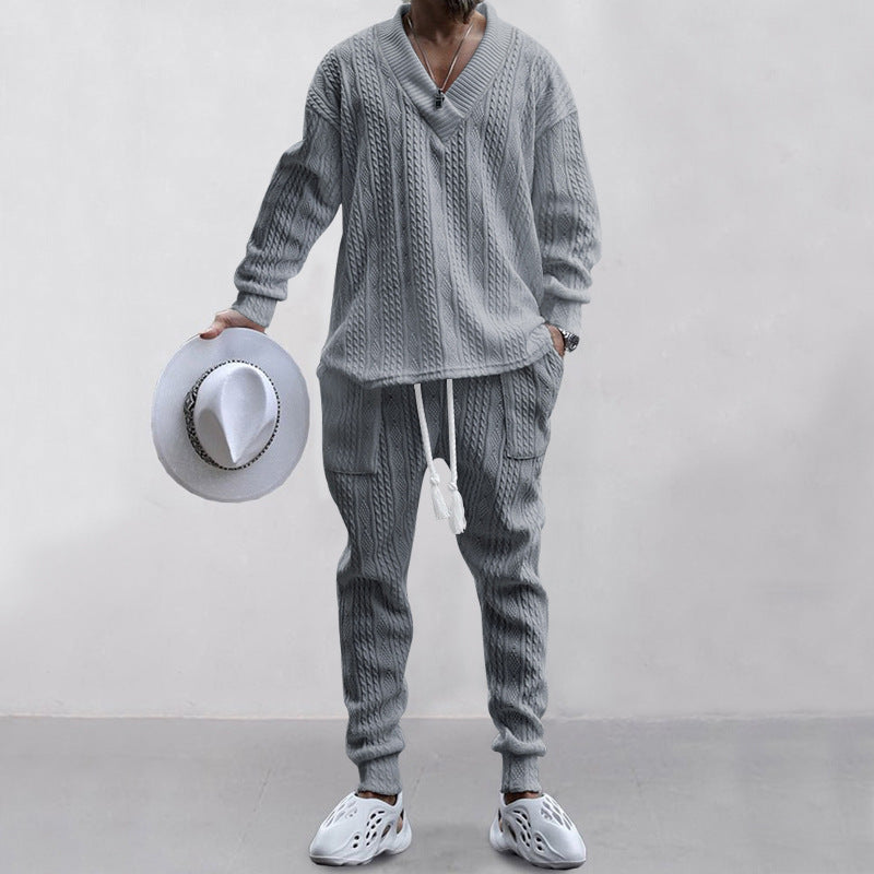 Men's 2-Piece V-Neck Baggy Sweatshirt & Joggers Set - White | SAVINTARI