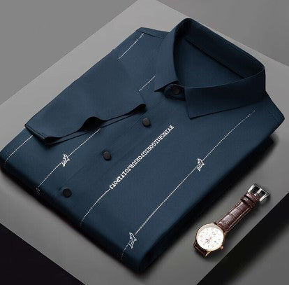 Men's Stretch Anti-Wrinkle Ice Silk Shirt（50 - Navy | SAVINTARI