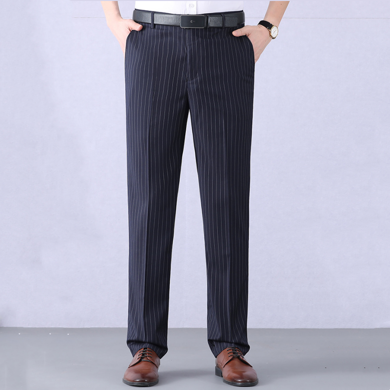 Men's Classic Comfortable High-Waist Straight-Cut Trousers - Black (Pinstripe) | SAVINTARI
