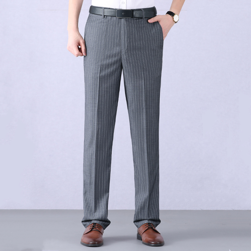Men's Classic Comfortable High-Waist Straight-Cut Trousers - Black (Pinstripe) | SAVINTARI