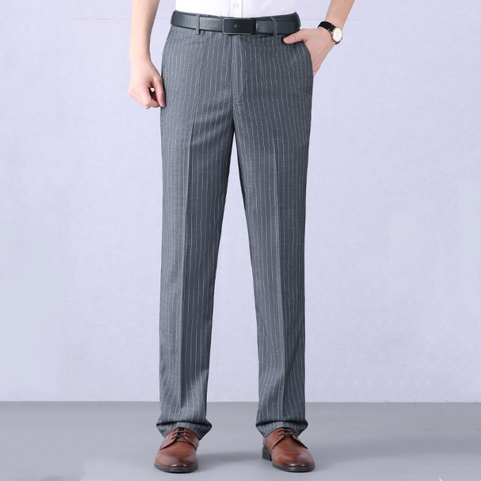 Men's Classic Comfortable High-Waist Straight-Cut Trousers - Black (Pinstripe) | Smart Casual Trousers | SAVINTARI