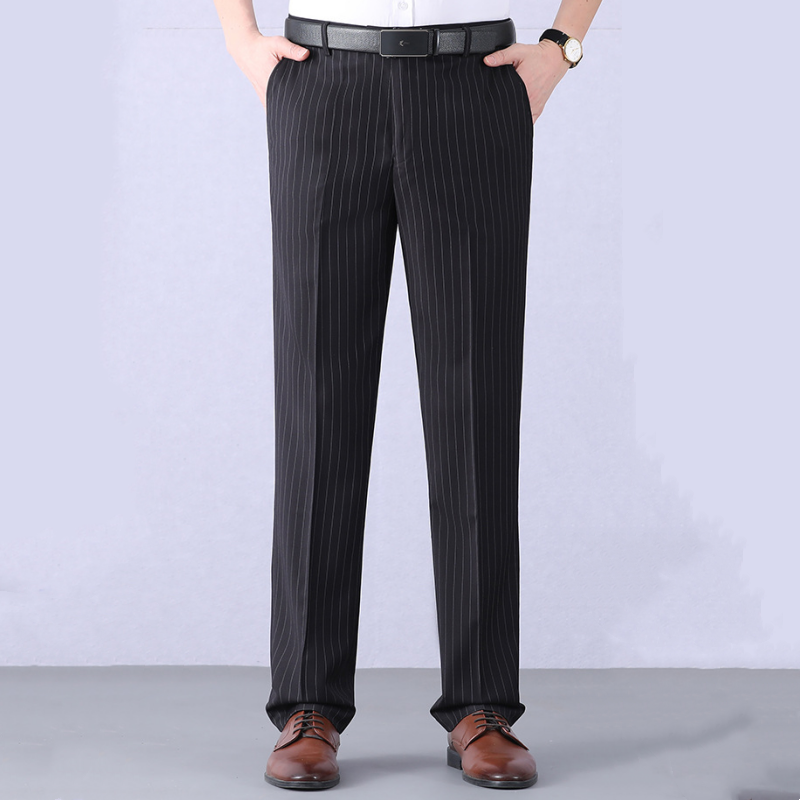 Men's Classic Comfortable High-Waist Straight-Cut Trousers - Black (Pinstripe) | SAVINTARI
