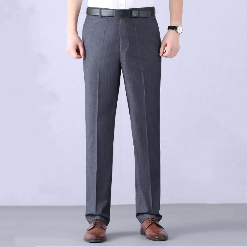 Men's Classic Comfortable High-Waist Straight-Cut Trousers - Black (Pinstripe) | SAVINTARI