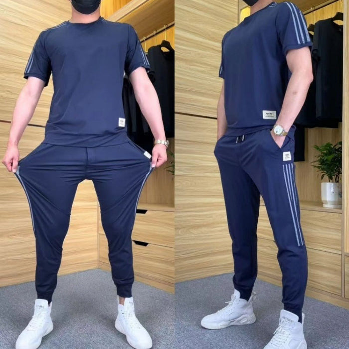 Men's High Stretch Short Sleeve Top & Jogging Pants 2-Piece Set - Blue | Casual Two-Piece Set | SAVINTARI