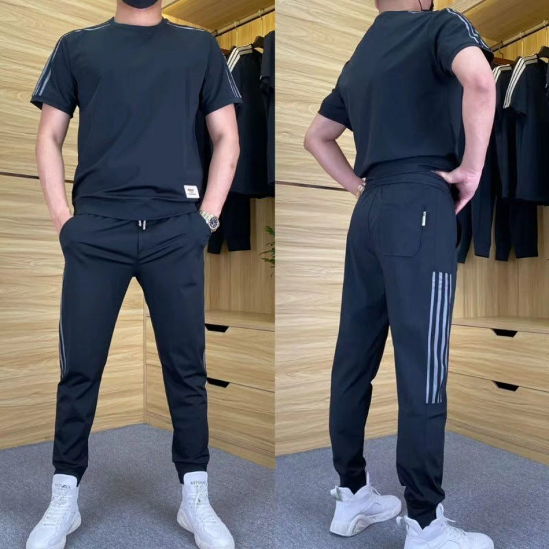 Men's High Stretch Short Sleeve Top & Jogging Pants 2-Piece Set - Blue | SAVINTARI