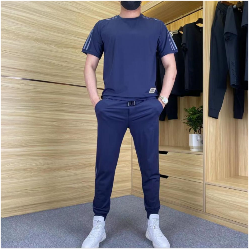 Men's High Stretch Short Sleeve Top & Jogging Pants 2-Piece Set - Blue | SAVINTARI