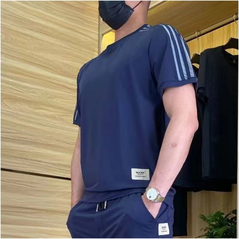 Men's High Stretch Short Sleeve Top & Jogging Pants 2-Piece Set - Blue | SAVINTARI