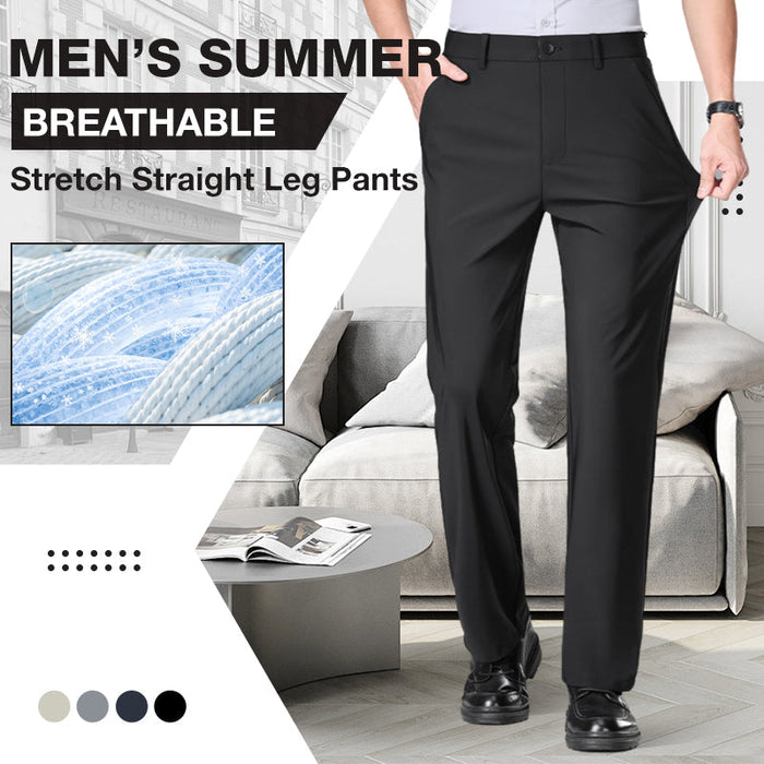 Men's Summer Breathable Stretch Straight Leg Pants - Black | Smart Casual Trousers | SAVINTARI