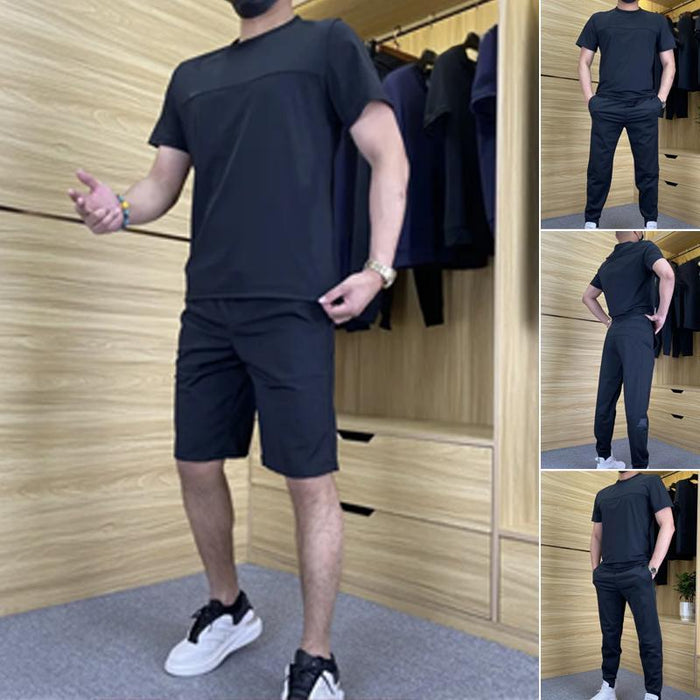 Men's Casual Sports Short-Sleeved Shirt & Pants 2-Piece Set - Navy | Casual Two-Piece Set | SAVINTARI