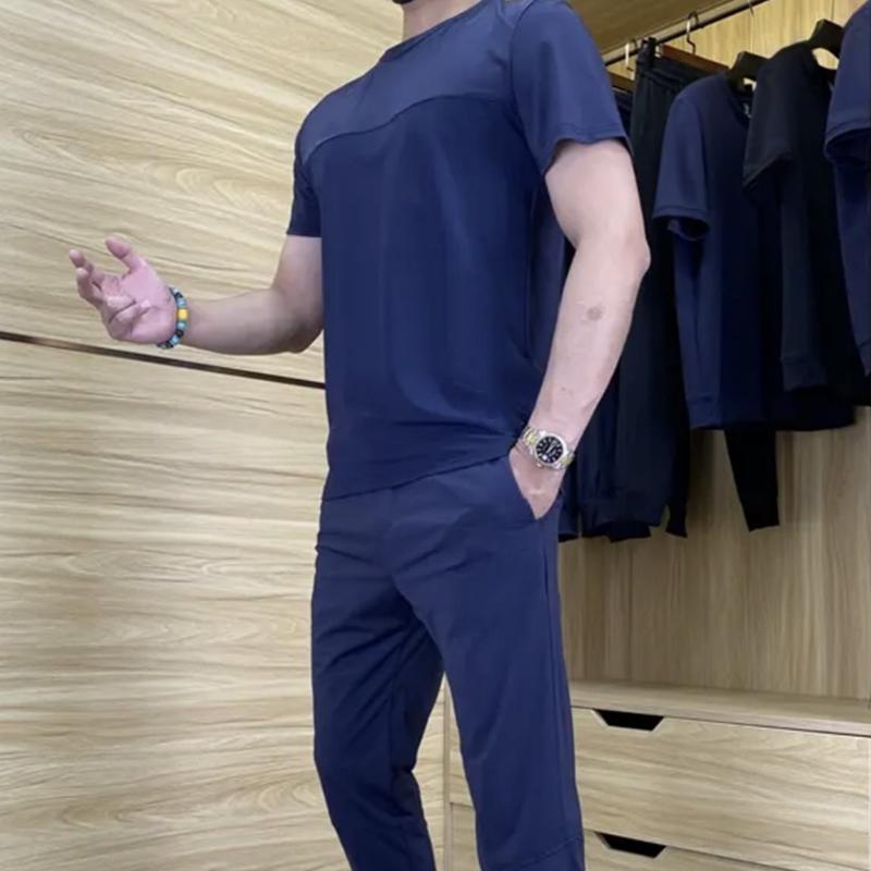 Men's ‍ ️ Casual Sports Short-Sleeved Shirt & Pants 2-Piece Set - Navy | SAVINTARI