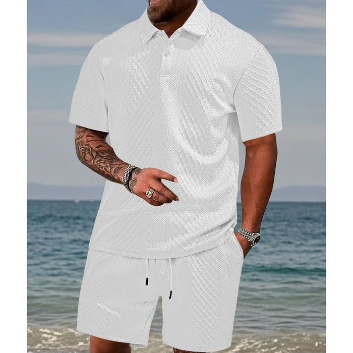 Men's Diamond Pattern Turn-Down Collar Short Sleeve Top & Drawstring - White | Men's Seasonal Edit | SAVINTARI