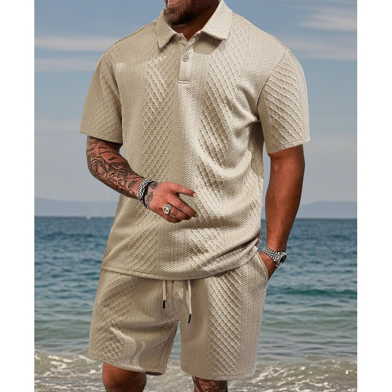 Men's Diamond Pattern Turn-Down Collar Short Sleeve Top & Drawstring Shorts - White | SAVINTARI