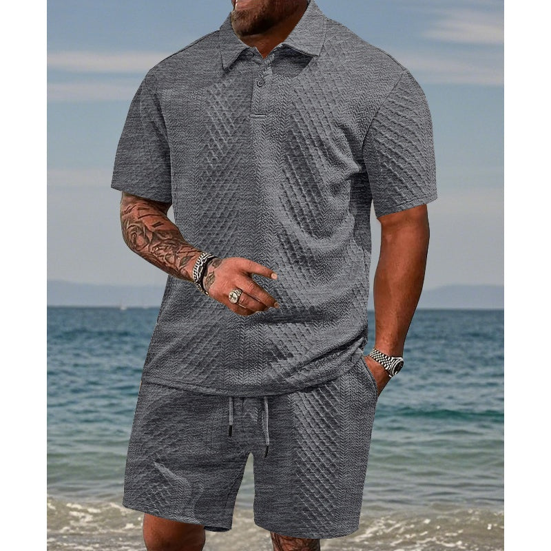 Men's Diamond Pattern Turn-Down Collar Short Sleeve Top & Drawstring Shorts - White | SAVINTARI