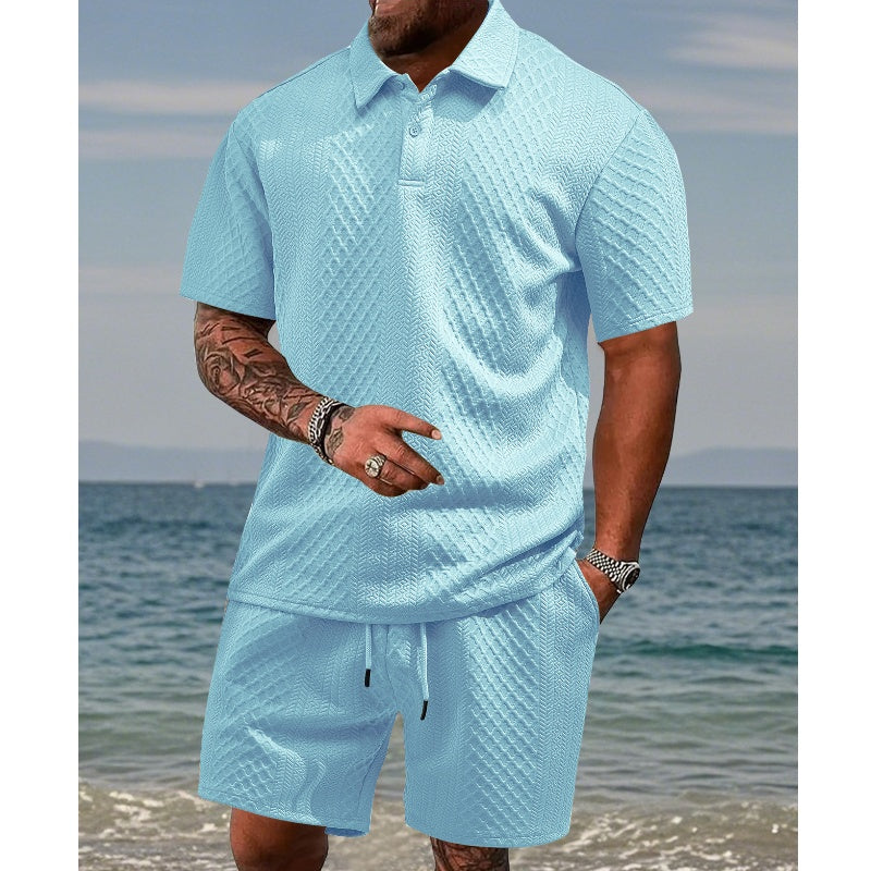 Men's Diamond Pattern Turn-Down Collar Short Sleeve Top & Drawstring Shorts - White | SAVINTARI
