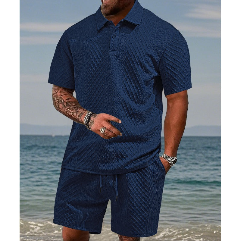 Men's Diamond Pattern Turn-Down Collar Short Sleeve Top & Drawstring Shorts - White | SAVINTARI